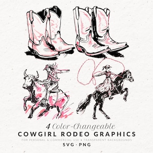 Handgezeichnete Rodeo Pink Cowgirl Stiefel Illustrationen SVG PNG, Western Hochzeit Icons, wunderliche Rodeo Doodles, Frau auf Pferd mit Lasso