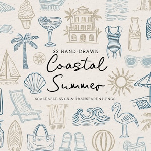 Imágenes prediseñadas de verano costero dibujadas a mano, garabatos SVG y PNG, paquete de ilustraciones de playa, íconos de vacaciones en la playa, arte acuático de conchas, palmeras, piscinas y océanos.