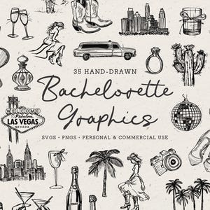 Pacote de ilustrações de despedida de solteira desenhadas à mão SVG PNG, Clip Art de despedida de solteira, Último rodeio, Las Vegas, Discoteca, Fotos, Viagem, Ícones em preto e branco
