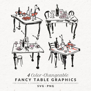 Hand Drawn Fancy Dinner Table Illustrations, Color SVG PNG, Wedding Icons, Whimsical Food Doodles, Commercial Use Vintage Clip Art