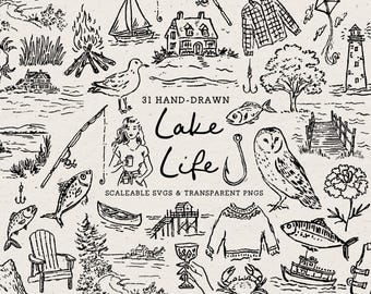 May include: A collection of 31 black and white hand-drawn illustrations featuring lake-themed elements including a sailboat, lighthouse, owl, fish, fishing gear, a canoe, a dock, a campfire, a sweater, and the text 31 HAND-DRAWN Lake Life.