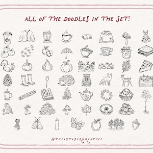 a collection of various doodles, including illustrations of clothing, food, and other objects, arranged in a grid format.