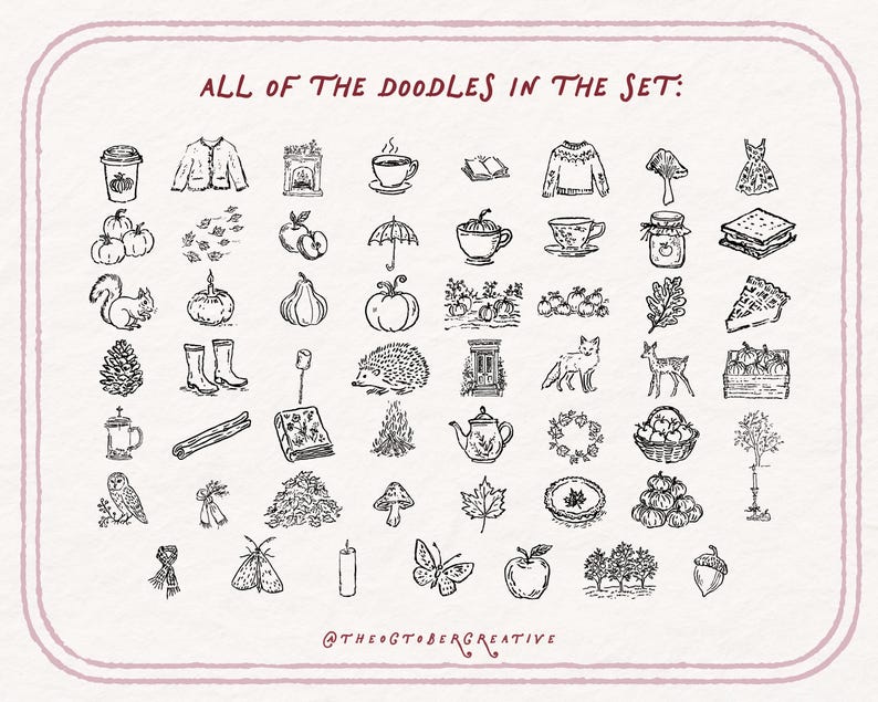 a collection of various doodles, including illustrations of clothing, food, and other objects, arranged in a grid format.
