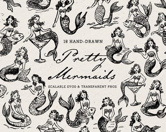 Pretty Mermaid Clipart Bundle: 18 Hand-Drawn Ocean Doodles, SVG & PNG