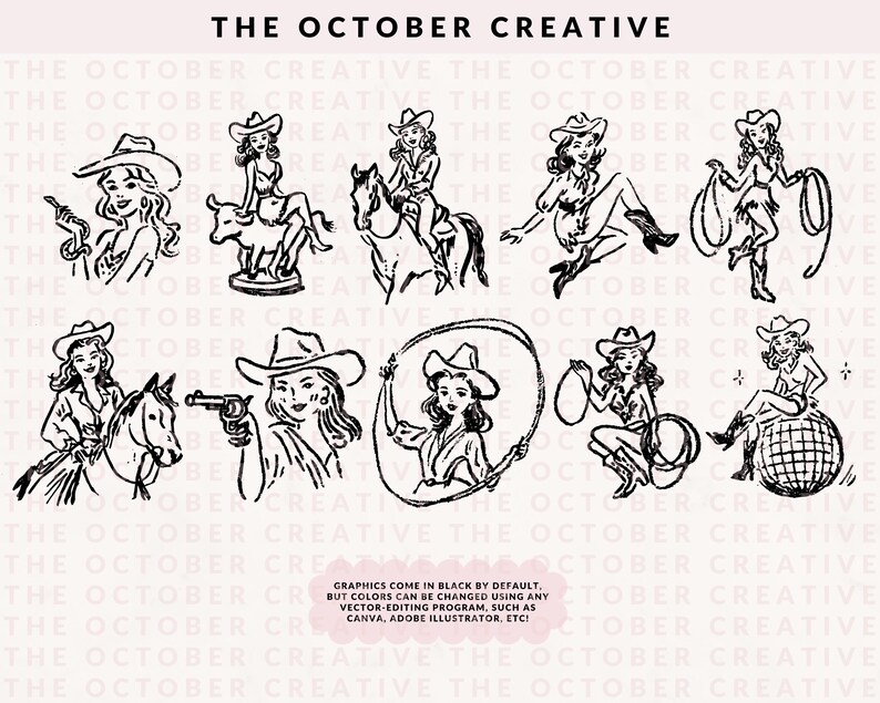 Pinup Rodeo Western Rodeo Girls Clipart, Hand Drawn Retro Cowgirl Pinup Doodles ...