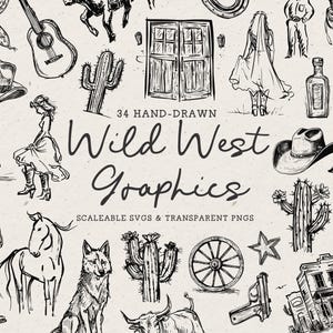Hand Drawn Wild West Doodle Bundle, Rodeo Line Art Illustrations (SVG & PNG Download)