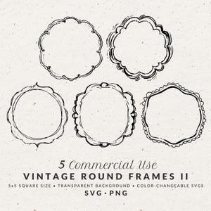 May include: Five black and white vintage round frames with different decorative edges. The text "VINTAGE ROUND FRAMES II" is below the frames, with additional text indicating commercial use and file type. The frames are 5x5 inches in size.