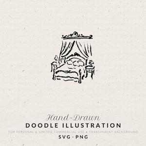 May include: Hand-drawn doodle illustration of a bed with a canopy, nightstands, and lamps. The image is in black ink on a cream-colored background. Text at the bottom reads "Hand-Drawn DOODLE ILLUSTRATION" and other details.