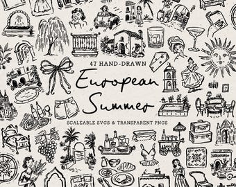 Hand Drawn European Summer Doodle Bundle, Vacation Line Art Illustrations (SVG & PNG Download)
