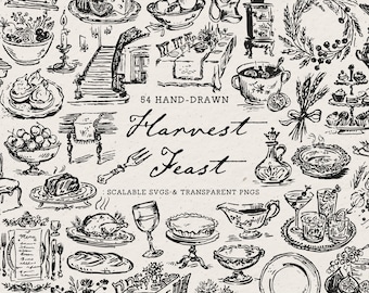Harvest Feast Clipart: Hand-Drawn Thanksgiving Dinner Table Doodles, SVG & PNG Art Illustrations