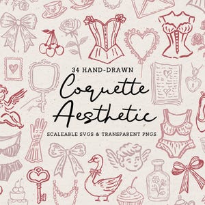 Clipart estético de coquete, pacote de ilustrações de rabiscos desenhados à mão, ícones de casamento caprichosos, cupido, lingerie, babados, laços, arte de linha SVG PNG