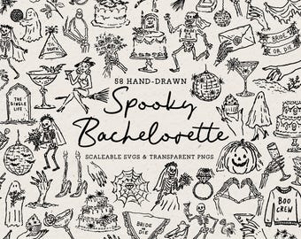 Hand Drawn Halloween Bachelorette Illustrations, Whimsical Gothic Doodle Line Art Bundle (SVG & PNG Clipart)