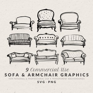 Pacchetto di illustrazioni di divani disegnati a mano in formato SVG e PNG, scarabocchi di mobili vintage, icone di disegno lineare, clipart di schizzi per inviti di nozze