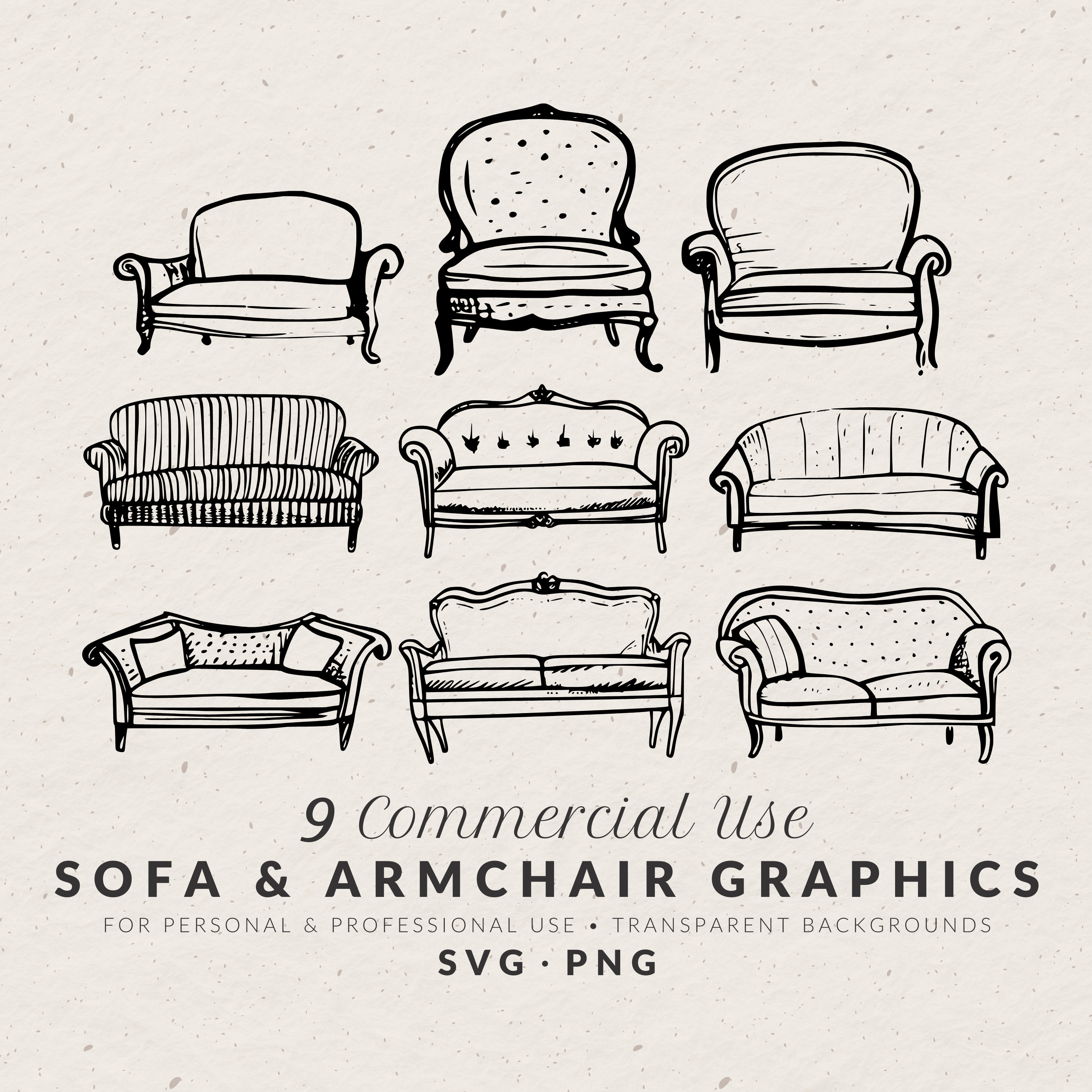 Hand Drawn Sofa Couch Illustration Bundle SVG PNG, Vintage Furniture Doodles, Line Art Icon, Sketch Drawing Clip Art for Wedding Invitation