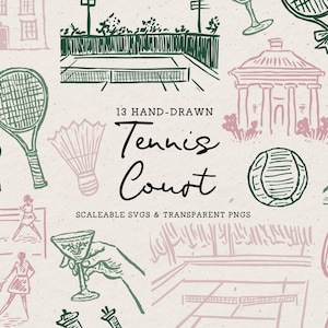 May include: A collection of hand-drawn tennis-themed illustrations in green and pink. The image features tennis rackets, a ball, and court scenes. Text reads "13 Hand-Drawn Tennis Court" and "Scaleable SVGs & Transparent PNGs".