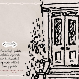 a black and white illustration of a building with a door and a window, accompanied by text that describes the image as high-quality, scalable, and that can be stretched without losing quality.