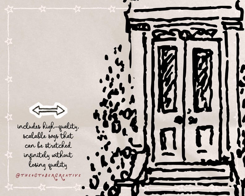 a black and white illustration of a building with a door and a window, accompanied by text that describes the image as high-quality, scalable, and that can be stretched without losing quality.