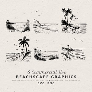 Handgetekende strandscène illustratie bundel SVG PNG, grillige vintage doodle iconen, illustraties voor tropische mediterrane huwelijksuitnodiging