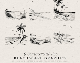 Hand Drawn Beach Illustrations, Whimsical Tropical Doodle Line Art Bundle (SVG & PNG Clipart)