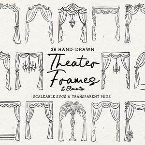 Wedding Invitation Border Set, Hand Drawn Theater Curtain Illustration Bundle, SVG PNG 5x7 Invite Frames, Whimsical Vintage Inspired Clipart