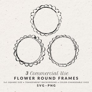 Ensemble de fleurs dessinées à la main, bordure ronde, illustration PNG SVG, taille 5 x 5, clipart lunatique Doodle cadre cercle pour faire-part de mariage