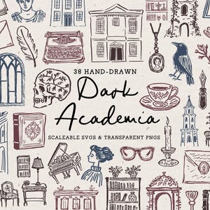 Clipart estetica Dark Academia, pacchetto di illustrazioni scarabocchiate disegnate a mano, icone vintage stravaganti e malinconiche, arte SVG PNG, topo di biblioteca gotico vittoriano