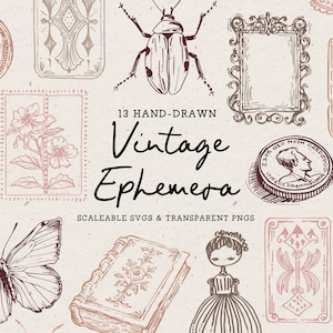 Vintage Ephemera Collector Clipart, Hand Drawn Doodle Bundle, SVG PNG Illustration Icons, Stamp, Book, Doll, Specimen, Tarot Cards, Coins