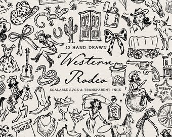 Western-Rodeo-Clipart-Bundle: Handgezeichnete Junggesellinnenabschied-Doodles, SVG & PNG
