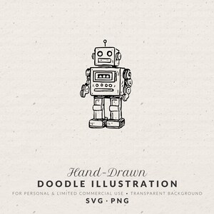 Hand Drawn Toy Robot Doodle Illustration Clipart, SVG PNG Digital File