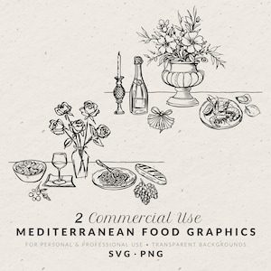 Ilustrações de comida mediterrânea desenhadas à mão SVG PNG, Clip Art de ícones de casamento greco-italiano, Rabiscos de jantar de ensaio vintage, Massas, Frutos do mar