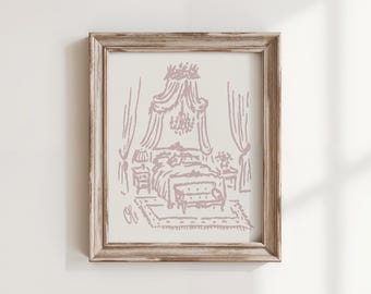 Canopy Bed Art Print, The Canopy Bed, Whimsical Coquette Wall Art, Hand Drawn Vintage Bedroom Illustration, Pink Decor