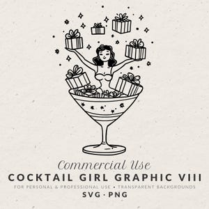 Hand Drawn Woman in Martini Glass Illustration, Whimsical Girl Juggling Presents in Cocktail Doodle, for Holiday Party Invitation Template