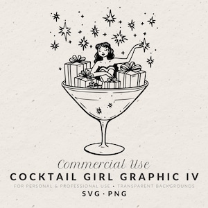 Hand Drawn Woman in Martini Glass Illustration, Retro Cute Cocktail Girl Doodle, Christmas Gift Art for Holiday Party Invitation Template