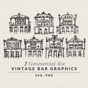 Hand Drawn Vintage Cocktail Bar Illustration Bundle SVG PNG, Whimsical Line Art Icons, Retro Doodle, Commercial Clip Art for Wedding Invite