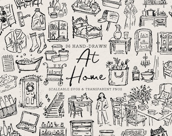 Hand Drawn Home Lifestyle Doodle Bundle, Whimsical Line Art Illustrations (SVG & PNG Download)