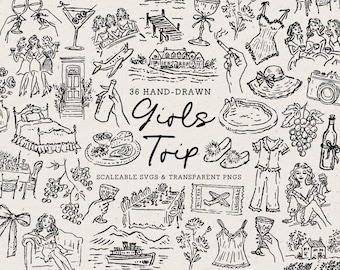 Hand Drawn Girls Trip Doodle Bundle, Bachelorette Line Art Illustrations (SVG & PNG Download)
