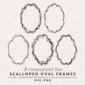 Hand Drawn Scalloped Oval Border Illustration Bundle Set SVG PNG, Size 5x7, Whimsical Doodle Scribble Frame Clipart for Wedding Invitations