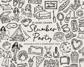 Hand Drawn Slumber Party Doodle Bundle, Bachelorette Line Art Illustrations (SVG & PNG Download)