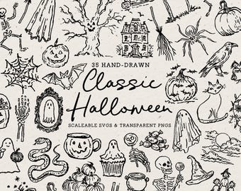 Hand Drawn Classic Halloween Illustrations, Whimsical Nostalgic Doodle Line Art Bundle (SVG & PNG Clipart)