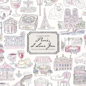 May include: A collection of 40 hand-drawn illustrations featuring Parisian themes including the Eiffel Tower, Notre Dame, vintage cars, a carousel, pastries, and cafe scenes. A central label displays the text 40 HAND-DRAWN Paris, I Love You.