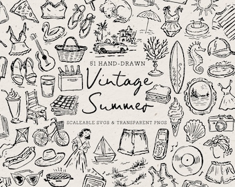 May include: Hand-drawn black and white illustrations of summer-themed items, including a car, surfboard, ice cream, and a bicycle. The text "Vintage Summer" is displayed in a script font, with "51 Hand-Drawn" above and "Scalable SVGs & Transparent PNGs" below.