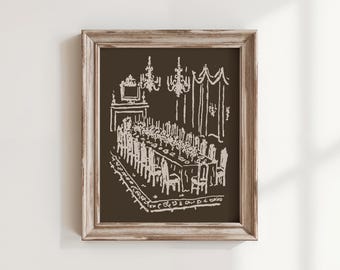 Dinner Party Art Print, The Long Table, Whimsical Maximalist Wall Art, Hand Drawn Vintage Dining Room Illustration