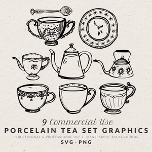 Hand Drawn Porcelain Tea Set Illustration Bundle SVG PNG, Vintage Fine China Doodles, Wedding Icons, Clip Art for Bridal Shower Invitation