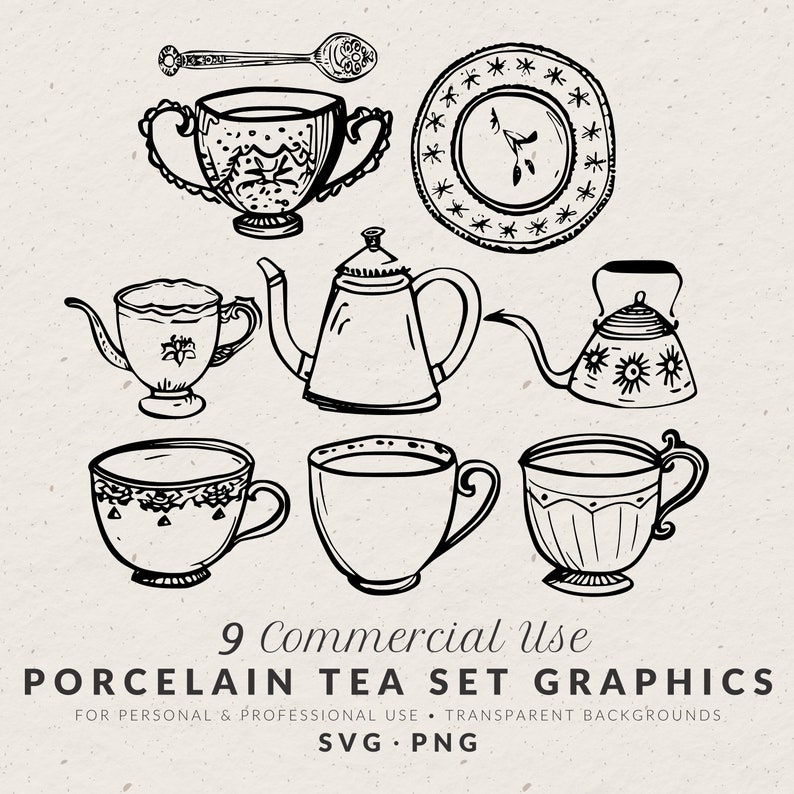 Hand Drawn Porcelain Tea Set Illustration Bundle SVG PNG, Vintage Fine ...