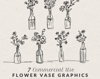 Hand Drawn Flower Vase Illustrations, Whimsical Spring Doodle Line Art Bundle (SVG & PNG Clipart)