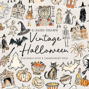 Handgezeichnete Vintage Halloween Illustrationen, wunderliches buntes Doodle Line Art Bundle (SVG & PNG Clipart)