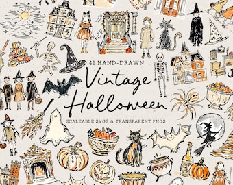 Hand Drawn Vintage Halloween Illustrations, Whimsical Colorful Doodle Line Art Bundle (SVG & PNG Clipart)
