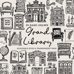 Hand Drawn Grand Library Doodle Bundle, Book Line Art Illustrations (SVG & PNG Download) image 2