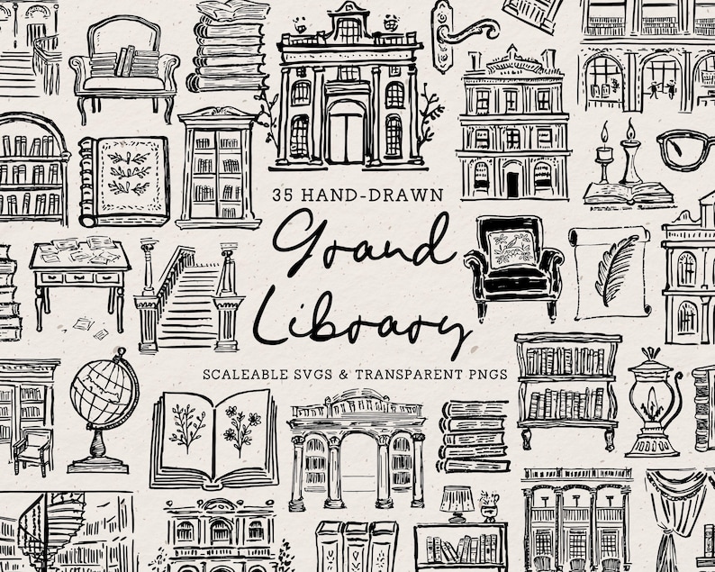 Hand Drawn Grand Library Doodle Bundle, Book Line Art Illustrations (SVG & PNG Download) image 2