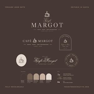 May include: A premade logo suite for Café Margot featuring various text-based designs, coffee cup icons, a color palette with five neutral shades, and typography samples on a dark brown background. Text includes Café Margot, Coffee, Pastry, Long Conversations, Camden, Maine, and TheOctoberCreative.com.